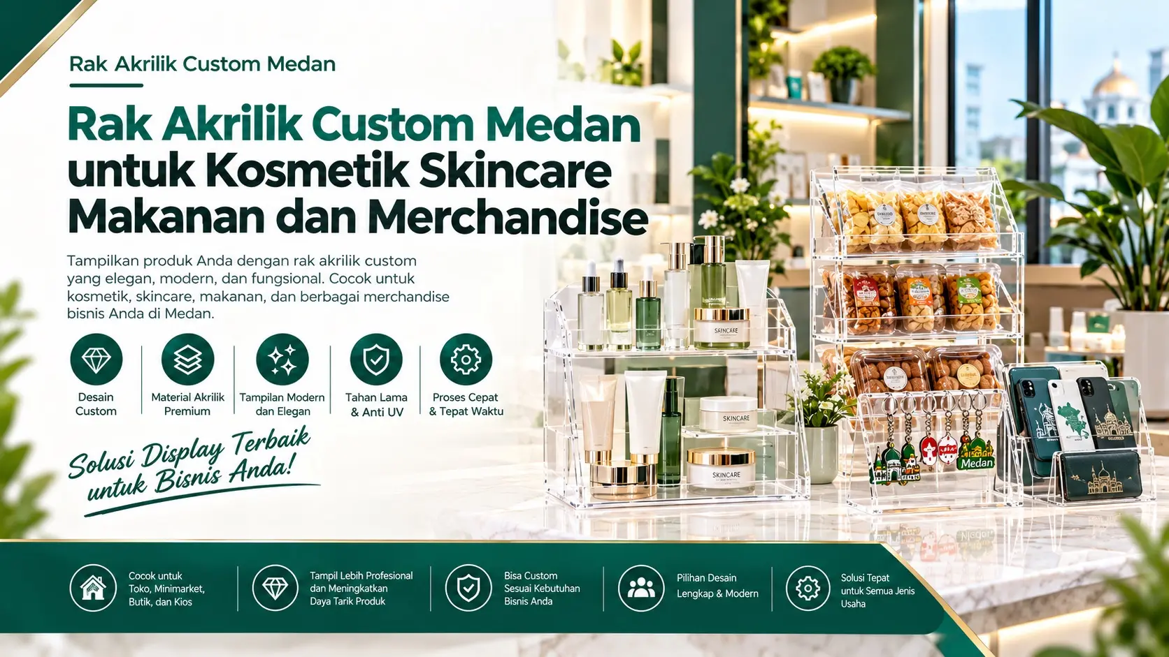 Rak Akrilik Custom Medan untuk Kosmetik Skincare Makanan dan Merchandise